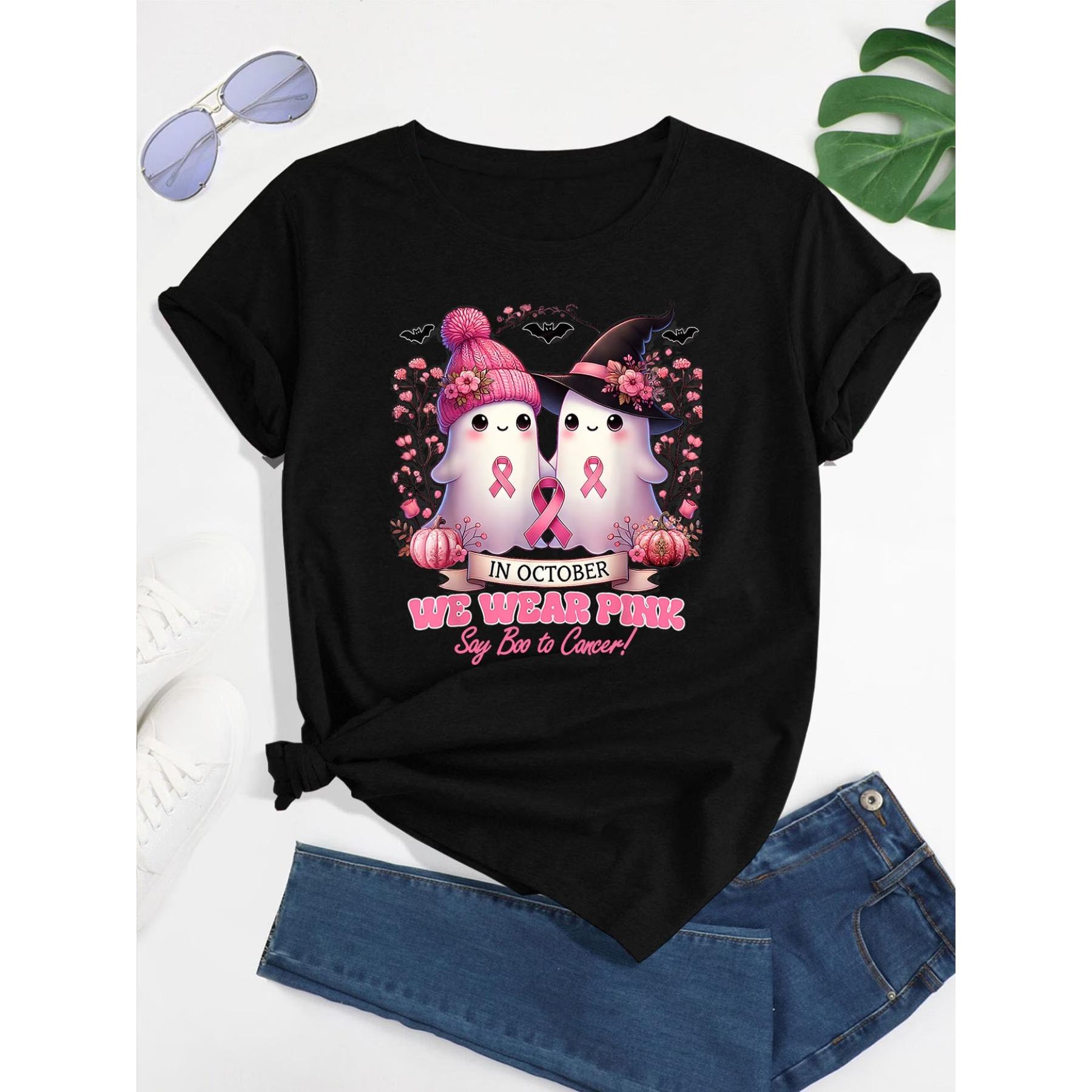Pink Witch Breast Cancer Awareness Printed T-Shirt - Women s Casual Wear, Soft Texture, Breathable Material,Top for Summer & Spring S чёрный