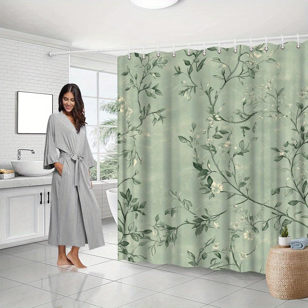 Vintage Botanical Shower Curtain - Light Green, White Flowers & Leaves, Polyester, Elegant Bathroom Decor