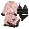 4-Piece Women Sexy Garter Lingerie Set Robes Lace Bodysuit Deep-V Neck Underwear