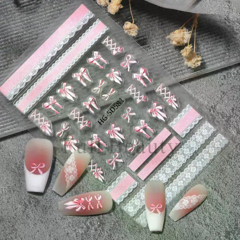 5D Ballet Bow Lace Embossing Self Adhesive Nail Art Stickers Shiny Charming Manicure Decals Nail Supplies