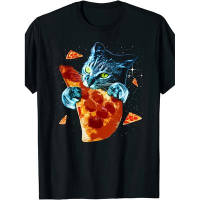 Galaxy Cat Eating Pizza Graphic Tee Funny Space Kitten Short Sleeve T-Shirt Unisex Daily Wear