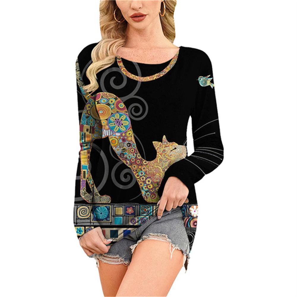 Модная удобная универсальная женская футболка с принтом мультяшного кота с круглым вырезом — фото 4