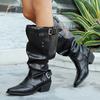 Fashion Fashion Wide Leg Cowboy Boots for Women 2025 Autumn PU leather Knee High Boots Woman Buckle Strap Chunky Heel Riding Botas Mujer