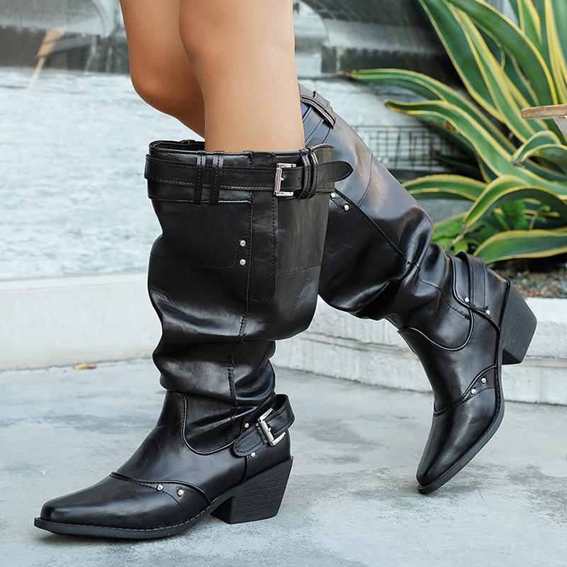 Fashion Fashion Wide Leg Cowboy Boots for Women 2025 Autumn PU leather Knee High Boots Woman Buckle Strap Chunky Heel Riding Botas Mujer