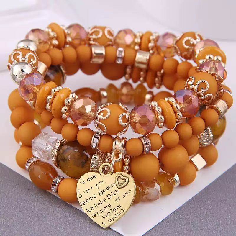 Bohemian-style Bracelet Set with A Fashionable Heart-shaped Pendant; Ethnic-style Multi-layered Crystal Elastic Bracelet