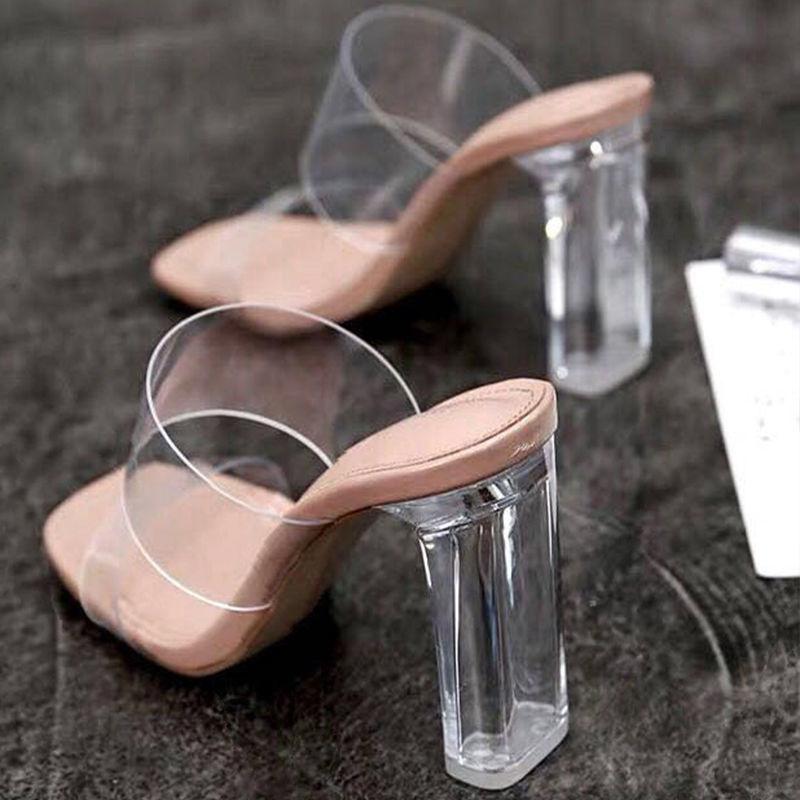 Sandals women 2025 new summer Internet celebrity word with thick heel slippers women wear crystal transparent high heels