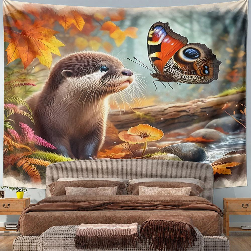 Otter and Butterfly in Autumn Forest Pattern Wall Hanging Tapestry Decorative Tapestry Home Decor for Bedroom and Living Room