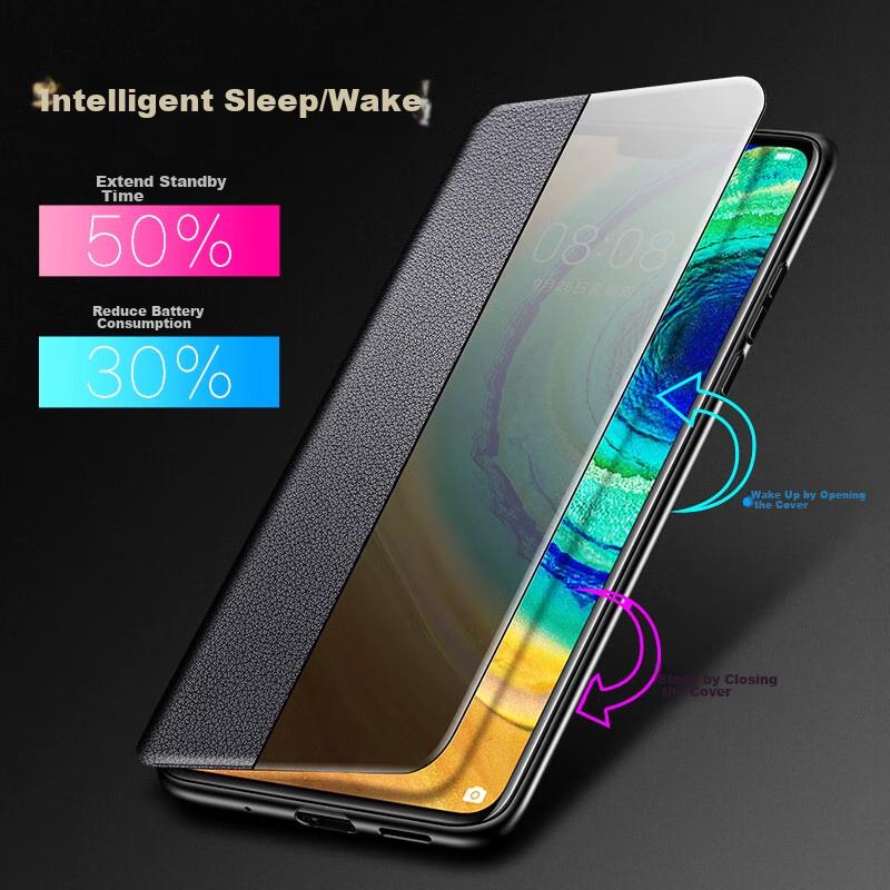 Phone Case for Huawei Mate60, Flip Cover Smart High-Definition View Window Genuine Leather Full Protection Anti-Drop Business Ultra-Thin Case for Me