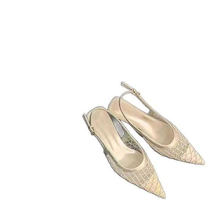 Low-heeled bag head sandals women's gentle nude pointed mesh lady thick heel back empty temperament single shoes