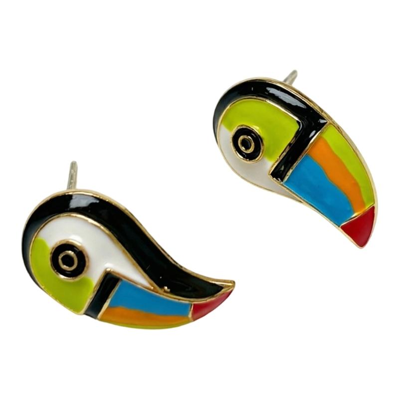 Toucan Ear Stud Pair Colorful Enamel-Look Design Gold-Tone Outline Statement Jewelry for Daily Wear and Party Looks