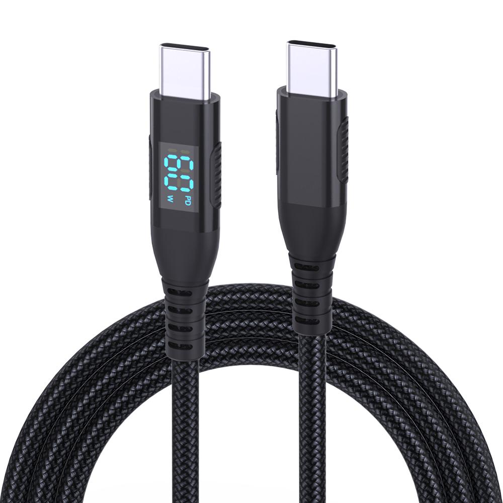 1m USB-C to USB-C Cable Digital Display 3A/20V 60W Fast Charging Braided Data Cord for Smartphones Tablets