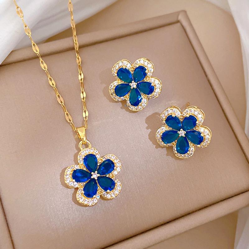 Quality Zircon Flower Pendant Choker Necklace And Earrings Set Stainless Steel Chains Bridal Wedding Prom Fashion Jewelry