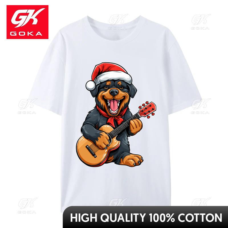 Rottweiler Dog Playing Guitar Christmas Santa Hat Xmas Tshirt for Unisex Casual Cotton Crew Neck Tshirt Graphic D Print