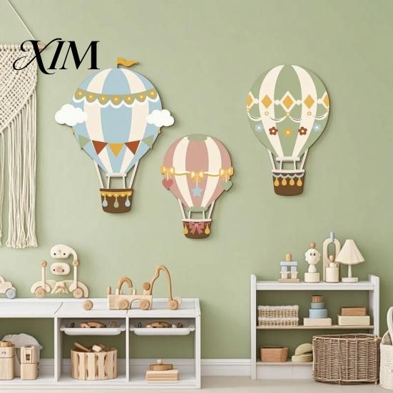 Creative Wall Ornament for Children 3Pcs Cute Hot Air Balloon Wooden Decor, Cloud Banner Nursery 3D Art Kids Room Hanging, Playroom Background Bedroom