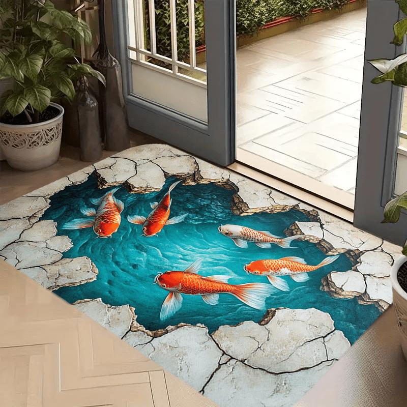 Surreal 3D Fish Area Rug – Illusionary Depth Floor Mat for Kitchen  Dining, Machine-Washable Modern Home Decor Polyester