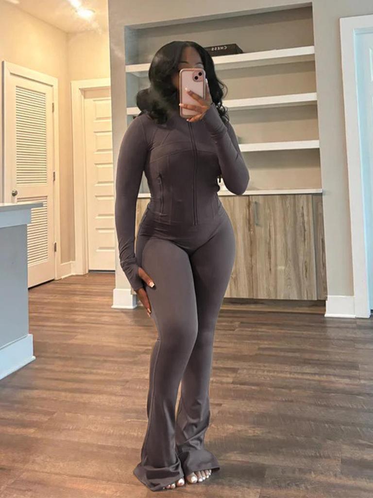 Spring/Summer 2025 Women's Sexy Two-Piece Set: Tight Long Sleeve Top and Bell Bottom Pants - Sporty and Casual