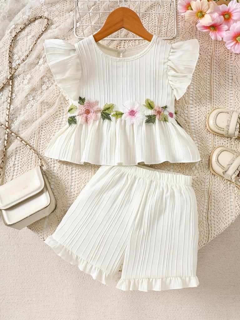 European-American Style Summer Girl's Floral Embroidery Sleeveless Top & Shorts Set