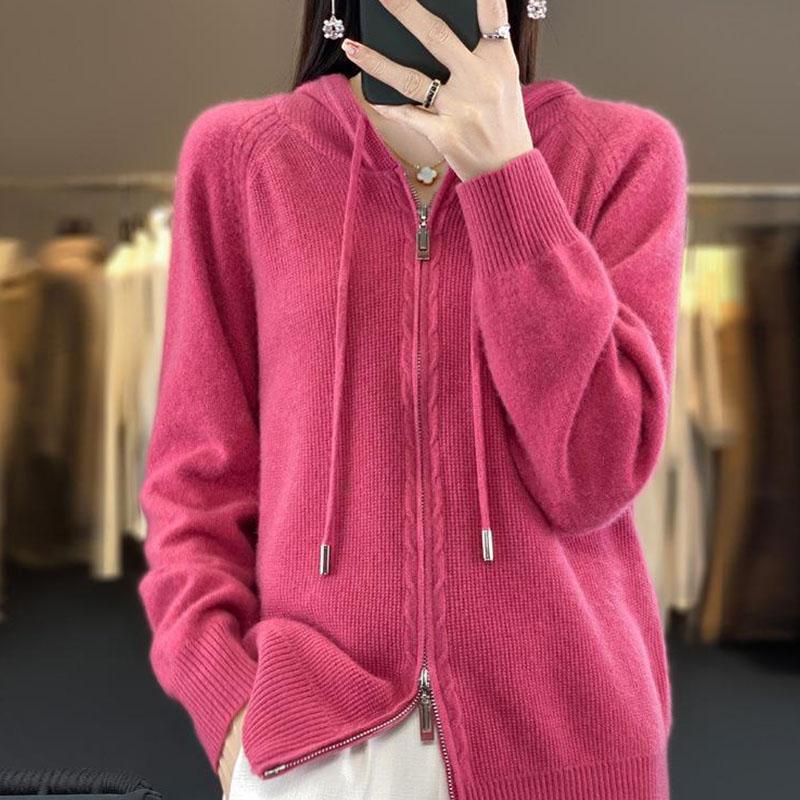 Autumn and Winter Hooded Casual Knitted Cardigan Simple Fashion Style Loose Knitted Sweater