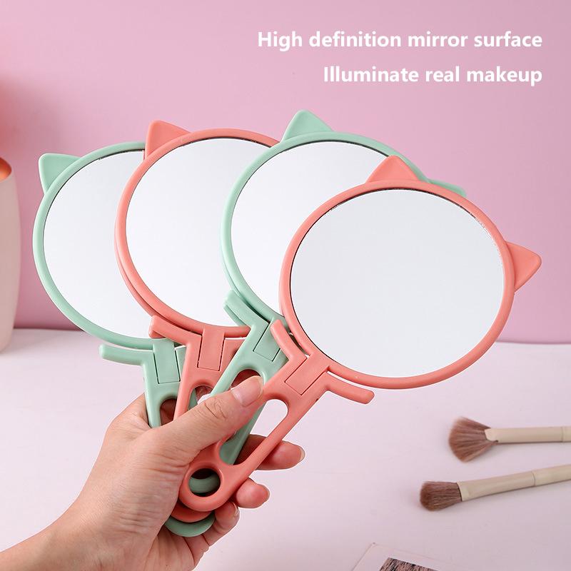 1 Stück Einfache Katzenohren Handheld HD Make-up-Spiegel Tragbar Faltbar Dual-Use Schreibtischspiegel Günstiger Studenten Hand-Make-up-Spiegel