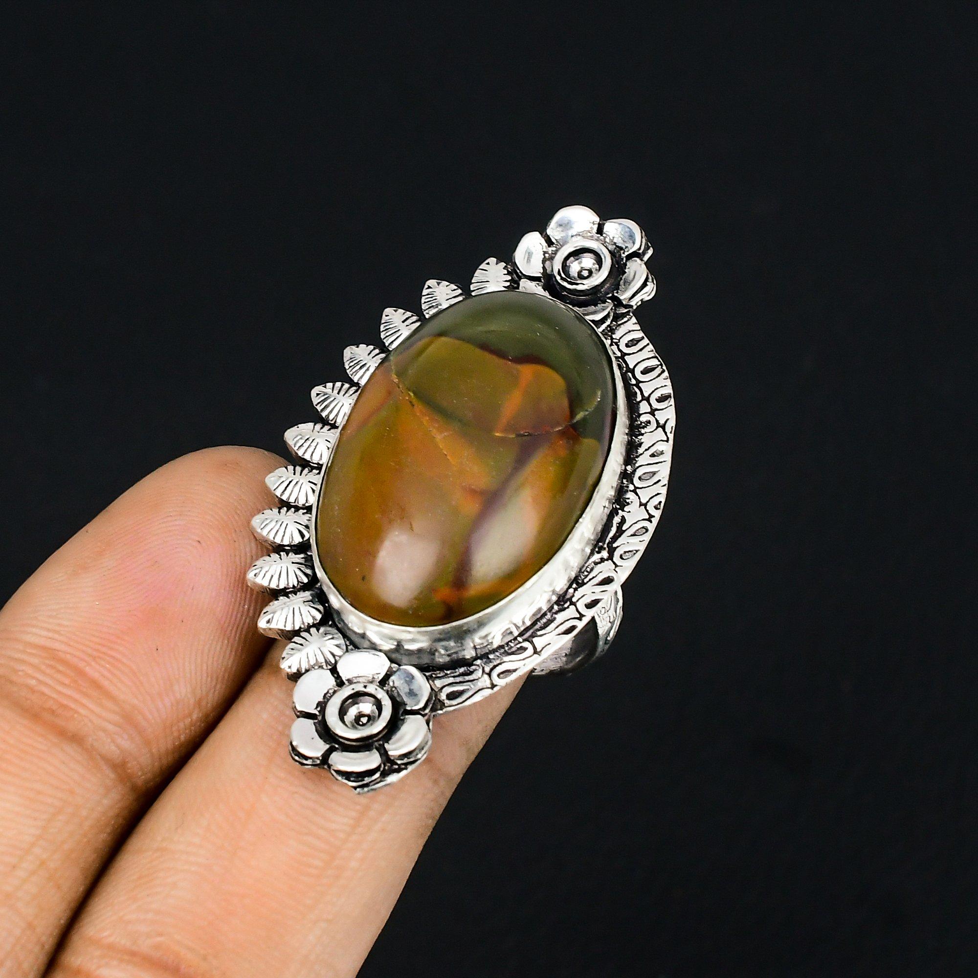 Sterling Silver Polychrome Jasper Stone Flower New Stackable Wedding Ring US 7.5 7.5