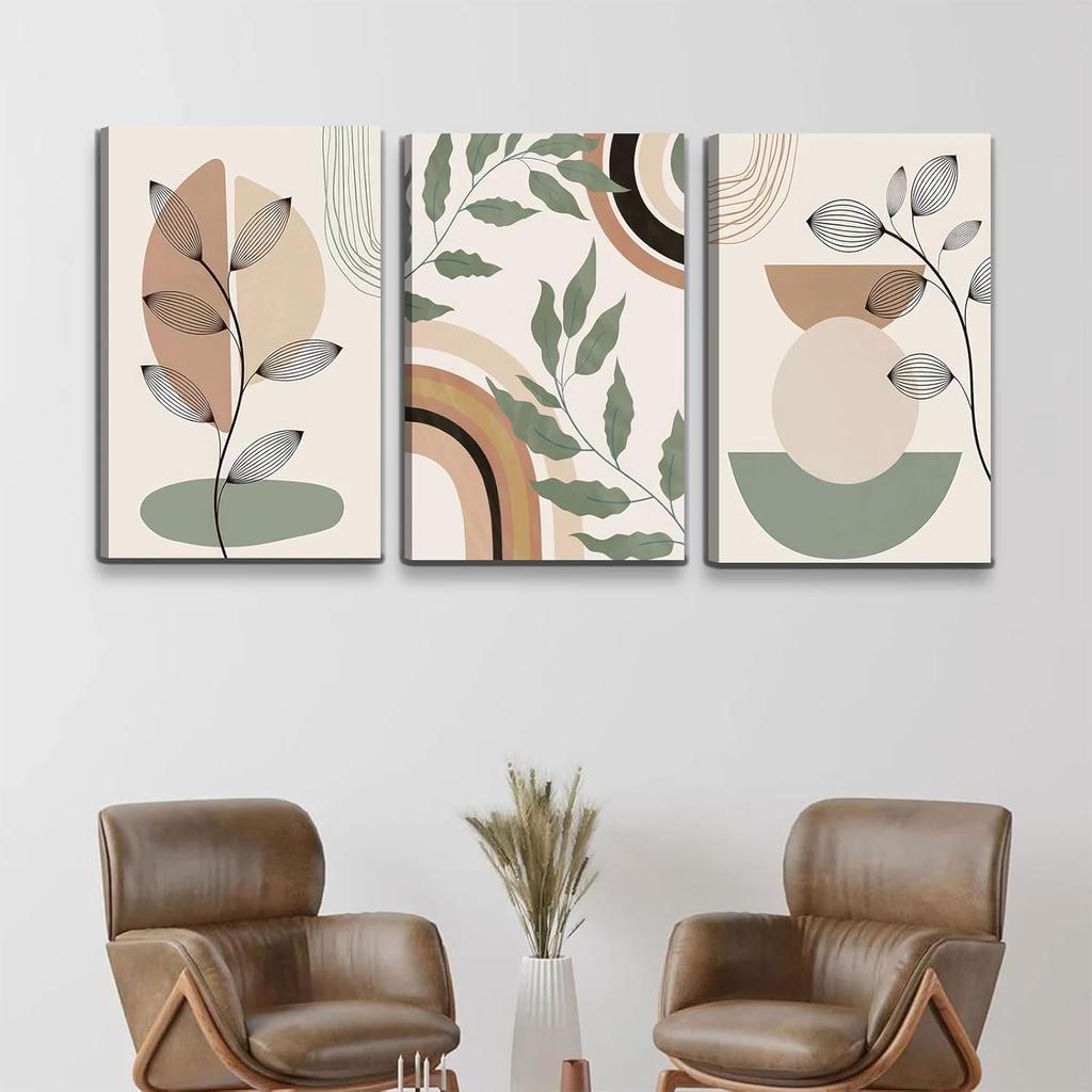 3 pcs Framed Boho Canvas Wall Art Green Sage Botanical Painting Wall Decor Pictures Mid Century Modern Minimalist poster prints for Living Room