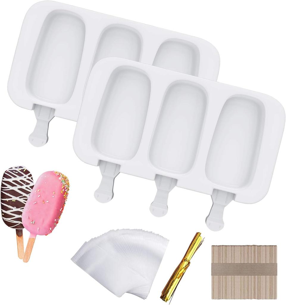 Popsicle Molds Set of 2 Ice Pop Molds Silicone 4 Cavities Ice Cream Oval Cake Pop Mold with 50 Wooden Sticks for DIY Popsicle