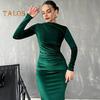 Lady Evening Dress Slim Fit Pleated Bateau Neck Long Sleeve Pure Color Midi Dress Sheath Calf Length Prom Cocktail Party Dress