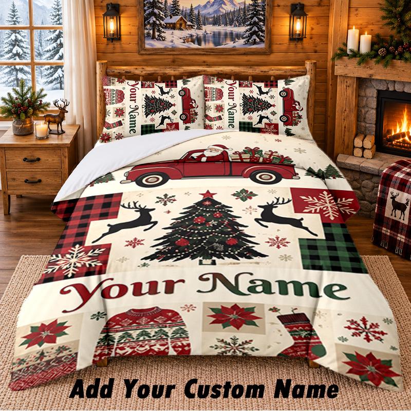 Christmas Custom Name Pattern Bedding 3Pcs Set Bed Sheet Pillowcases Indoor Bedroom Holiday Gift