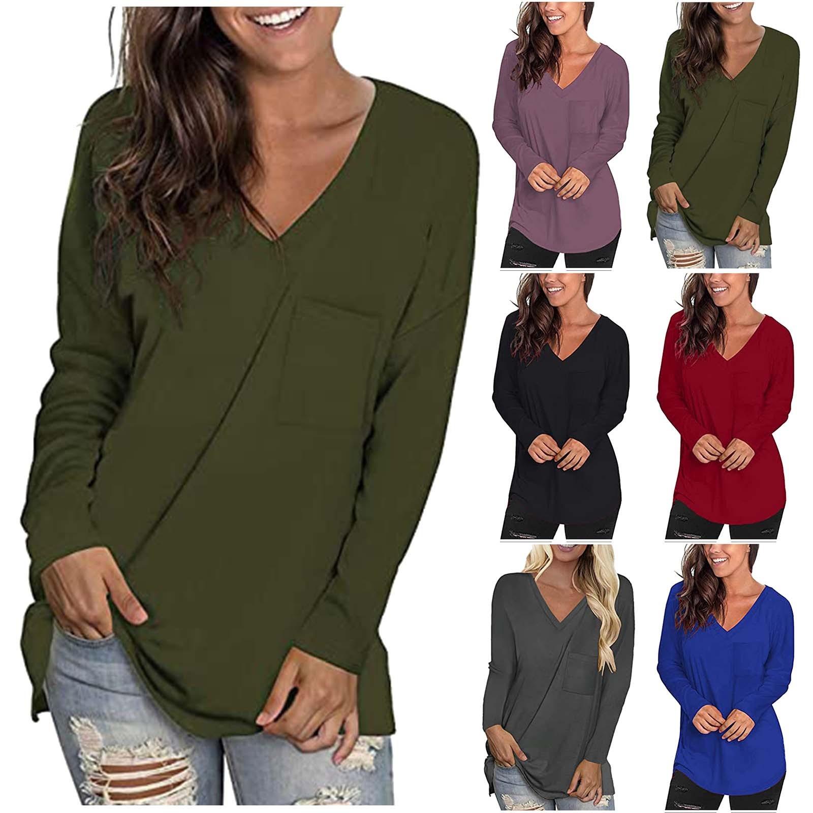 

Женская мода, свободный повседневный топ с v-образным вырезом и карманами, подол, изогнутая футболка с длинными рукавами, топ