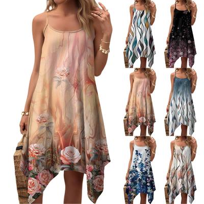 Damen Sommer Casual Vintage Blumenmuster Rundhals Verstellbares Trägerkleid mit Taschen