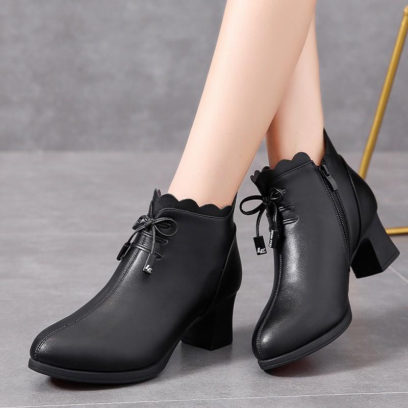 Γυναικείες Μποτάκια Μέχρι τον Αστράγαλο Φθινόπωρο Χειμώνας Ζεστά Μποτάκια Μαύρα Δερμάτινα Παπούτσια Γυναίκα 2024 Νέα Φερμουάρ Τετράγωνο Τακούνι Γόβες Zapatos De Mujer