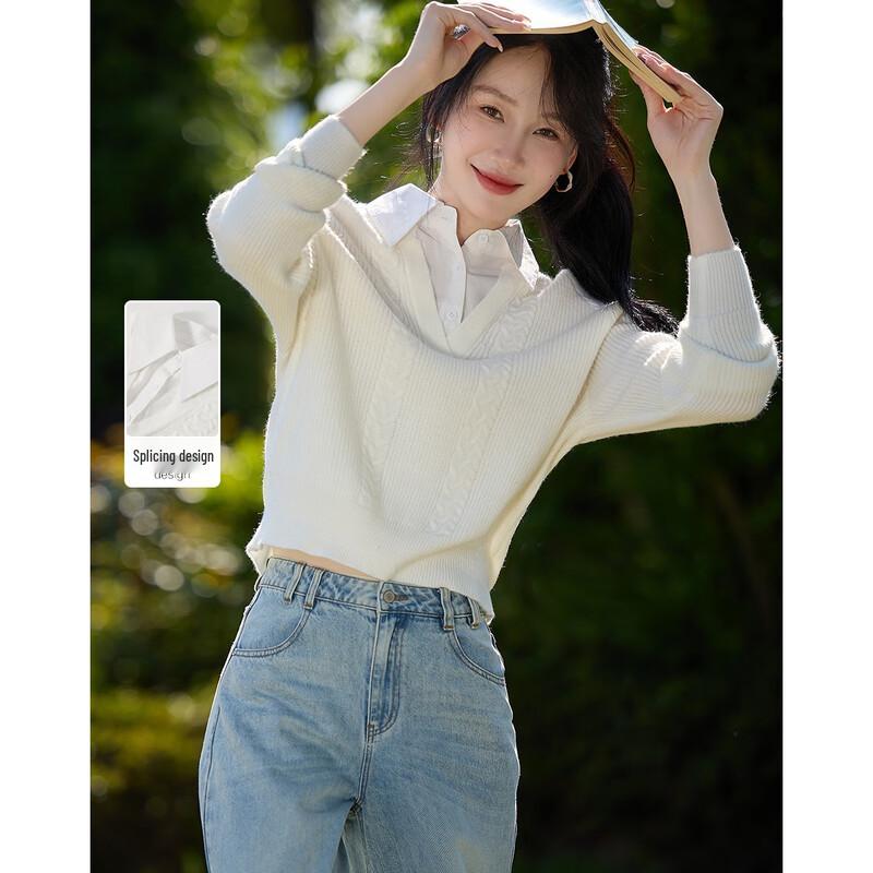 DEMANA Sophisticated Spliced Lapel Cable Knit Sweater Top for Women L