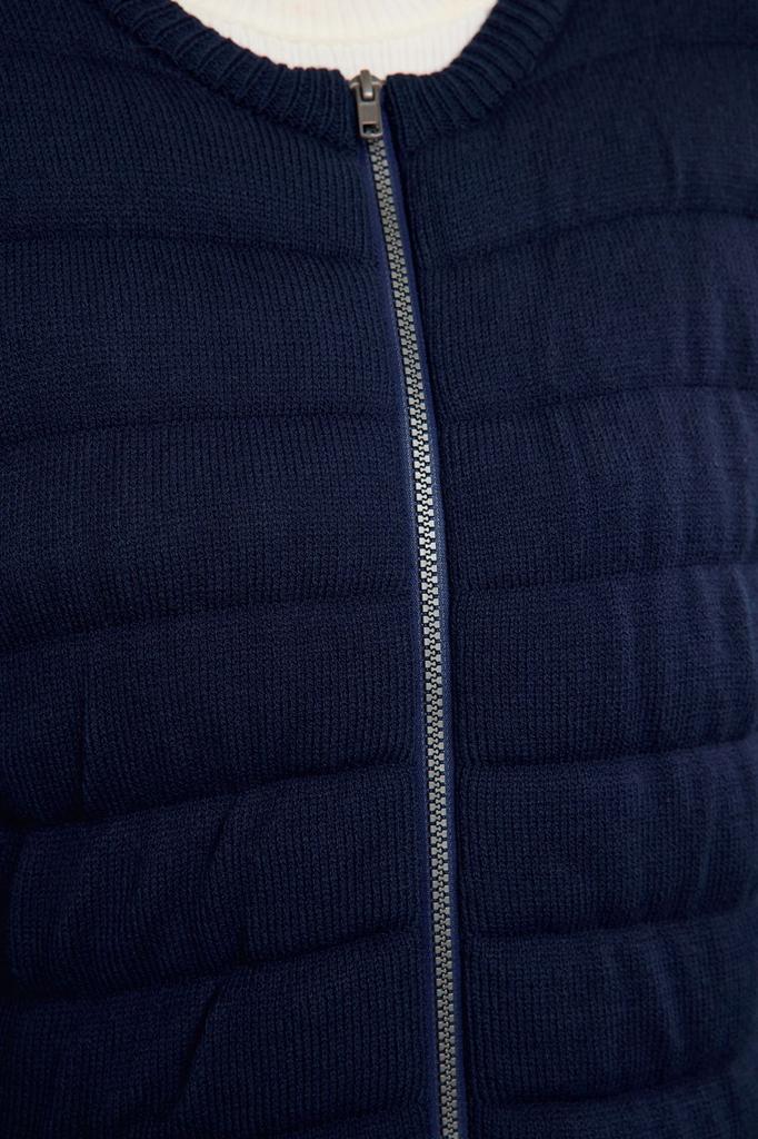 Women's Fashionable Stylish Cardigan Navy Blue Crew Neck Zippered Coat Look Knitwear Cardigan