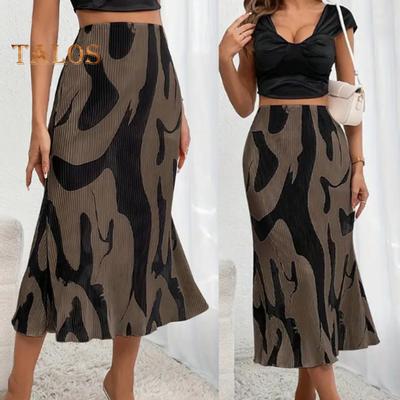 Women Fishtail Skirt Geometric Print A-Line Skirt High Waist Large Hem Ribbed Office Lady Skirt Workwear