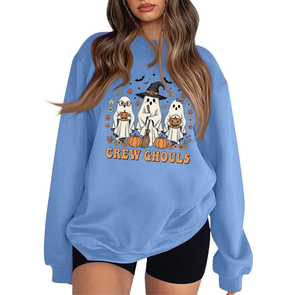 Women's Fashion Round Neck Long Sleeve Hoodie Halloween Small Print Hoodie