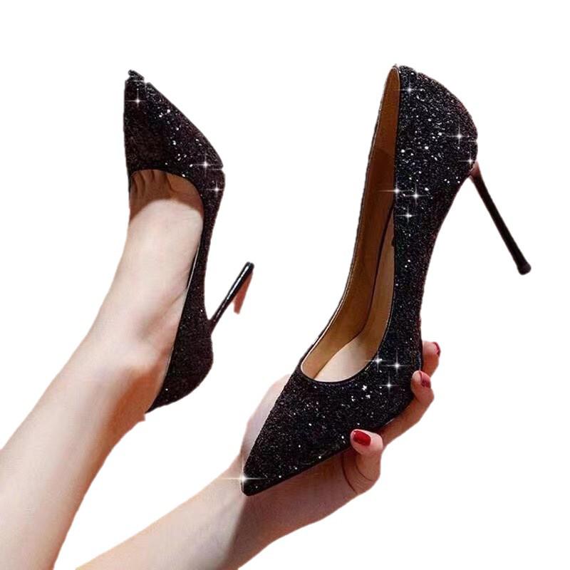 2024 Women's Glitter Red Bottom Black Stiletto Heels, Size 43 - Sexy Pointed Toe, Professional, Elegant, and Absolutely Stunning Single Shoes.