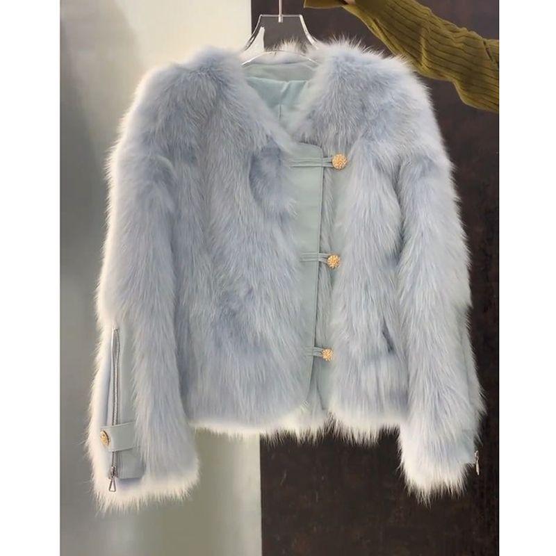 Autumn and Winter New Design Sense Three-grain Button Fur Coat Women's Fashion Casual Imitation Fox Fur Coat