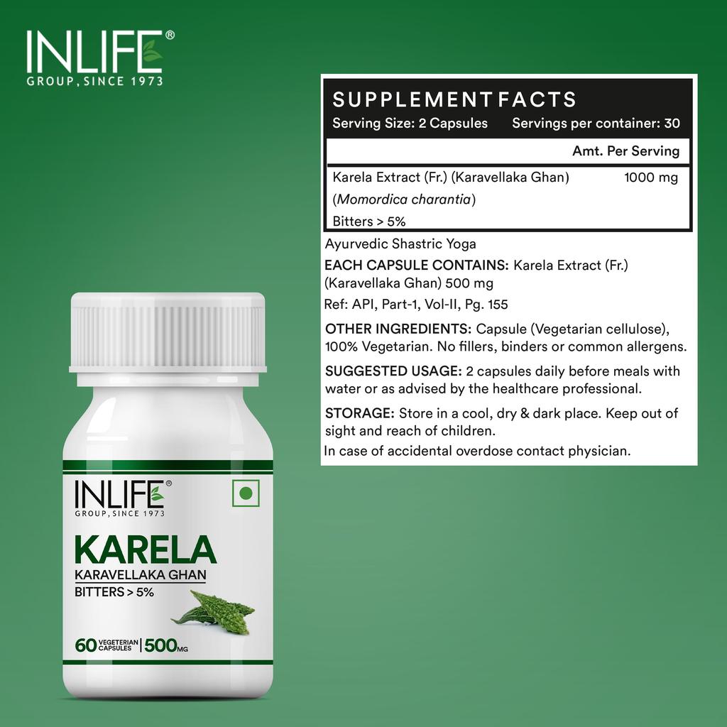 INLIFE Karela-Extrakt 500 mg, Bittermelonen-Unterstützung für den Blutzucker, 60 pflanzliche Kapseln (Packung mit 1)