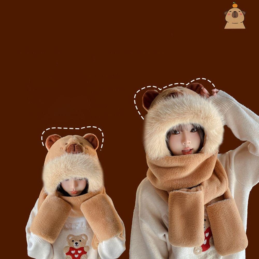 Cartoon Capybara Hat Scarf Set 3 in 1 Cartoon Plush Hat Fashion Scarf Hat Glove for Women  Girls