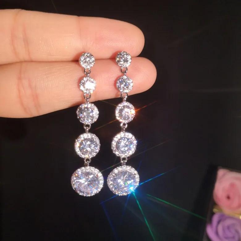 

Fashion Female Crystal Round Cut Drop Earrings AAA Zircon 100% Sterling Silver Filled Wedding Long Dangle Earrings срібний