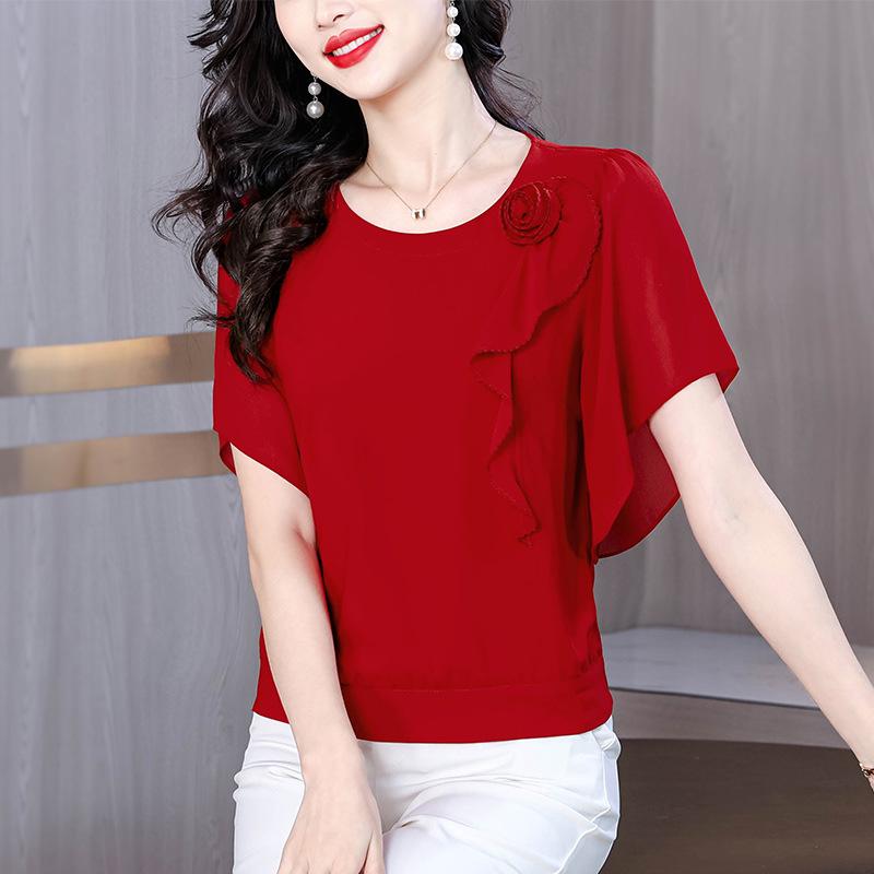 2025 Summer Chic Chiffon Blouse: Women's Floral Short-Sleeve Top