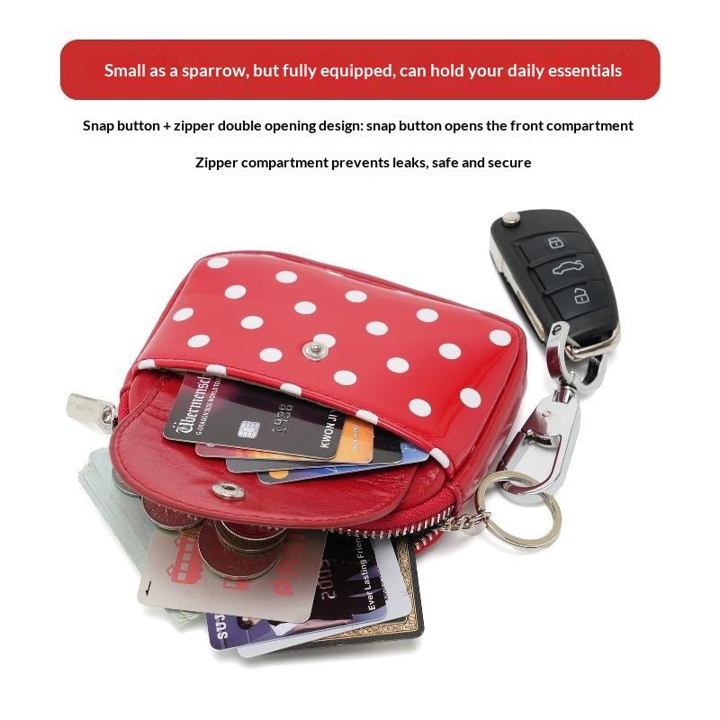 Polka Dot Portable Pu Leather Coin Purse Glossy Surface With Key Ring For Daily Shopping Travel