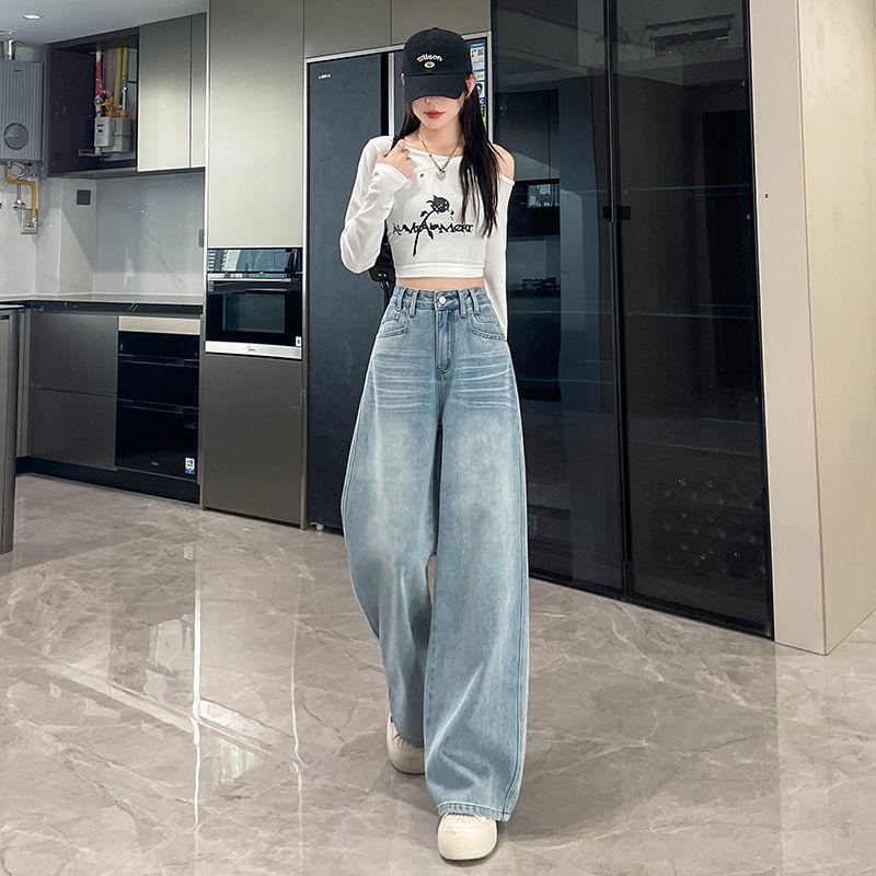 Blugi Retro Americani cu Picior Larg pentru Femei În Primăvară Noi Talie Înaltă Largi Subțiri Drept-dial Subțiri Pantaloni de Podea