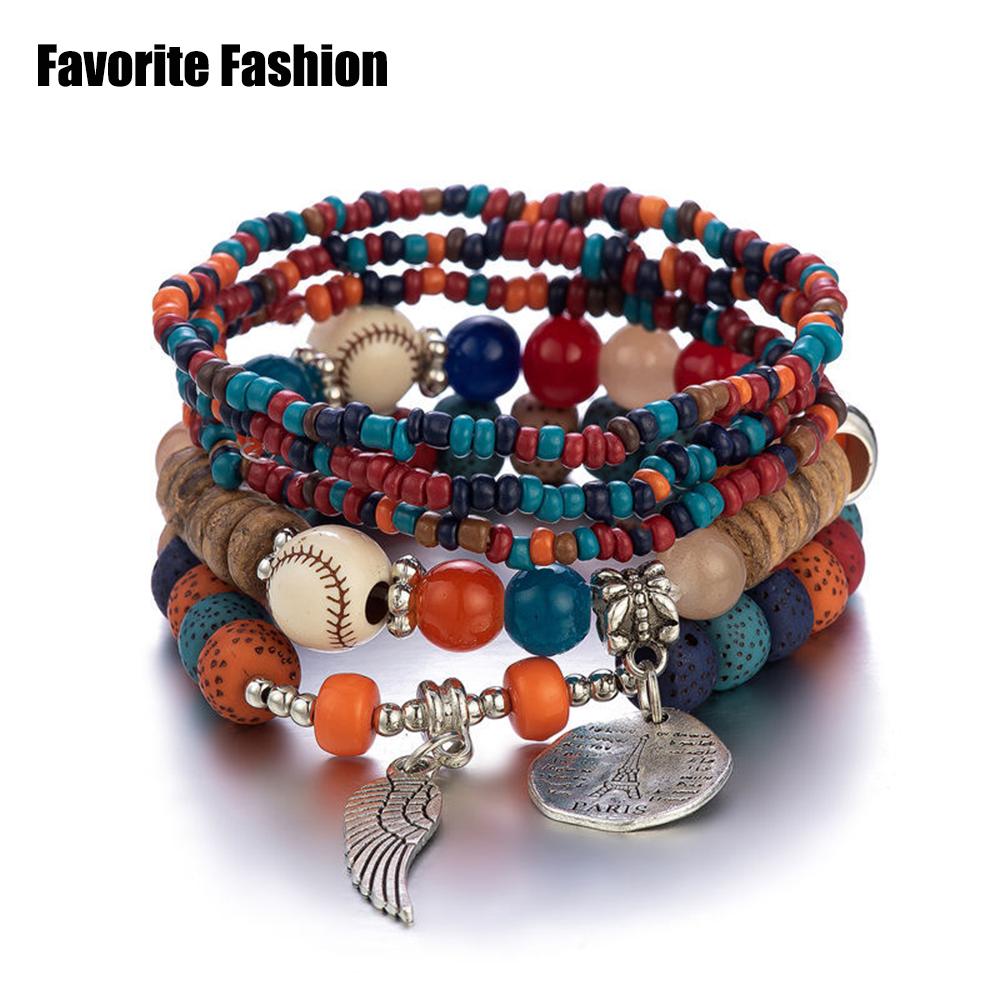 Vintage mehrschichtiges elastisches Perlenarmband Holzperlen Armband Set Schmuck