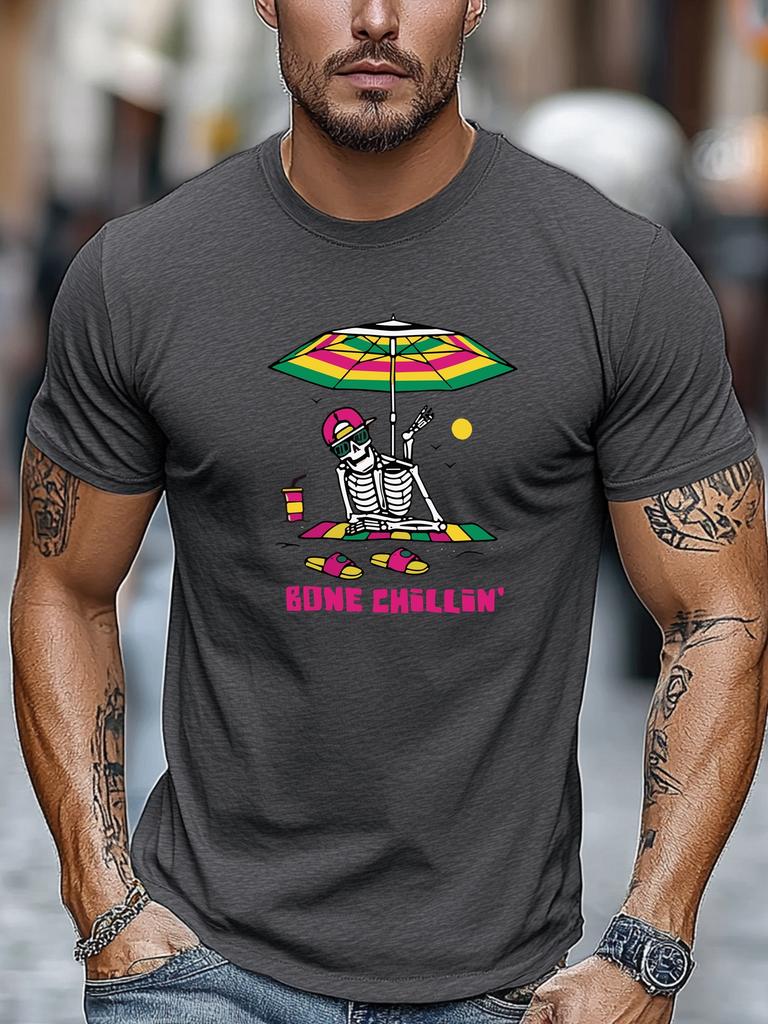 Mens Summer Beach TShirt Bone Chillin Skeleton Print Cotton Short Sleeve Round Neck Breathable Oversized Relaxed Daily Wear
