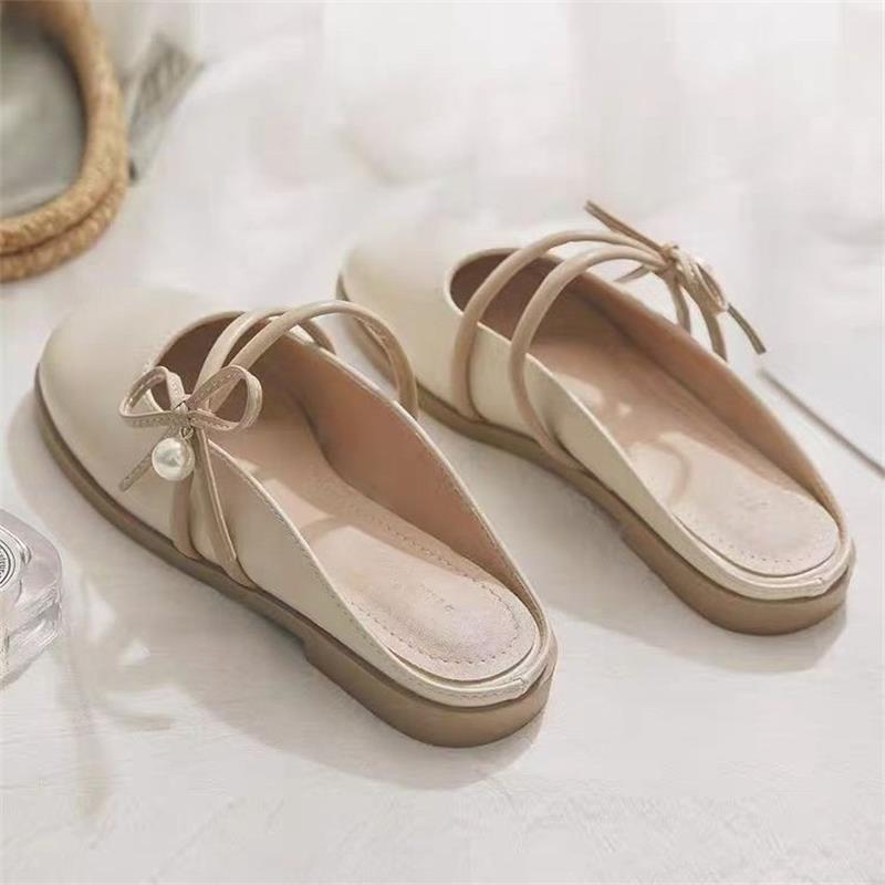 Fairy wind pearl bow baotou half slippers female summer 2025 new evening shoes flat lazy slippers