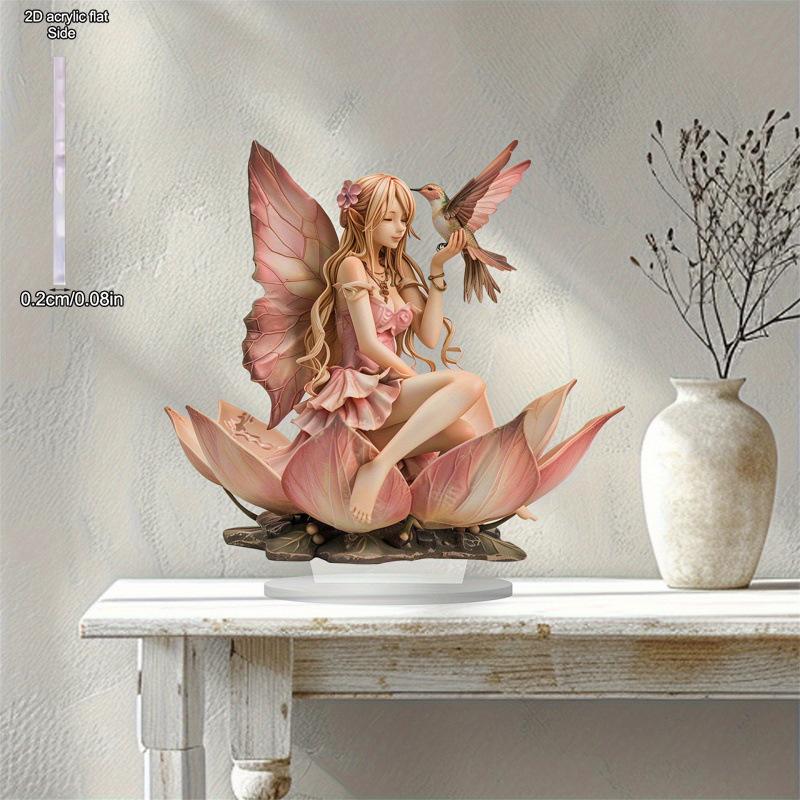 Kreative Elegante Fee sitzt auf Lotus - 2D Flaches Acryl Tischornament, Wanddeko Kunst, Vier Jahreszeiten Dekoration, Neuheit Heimdeko