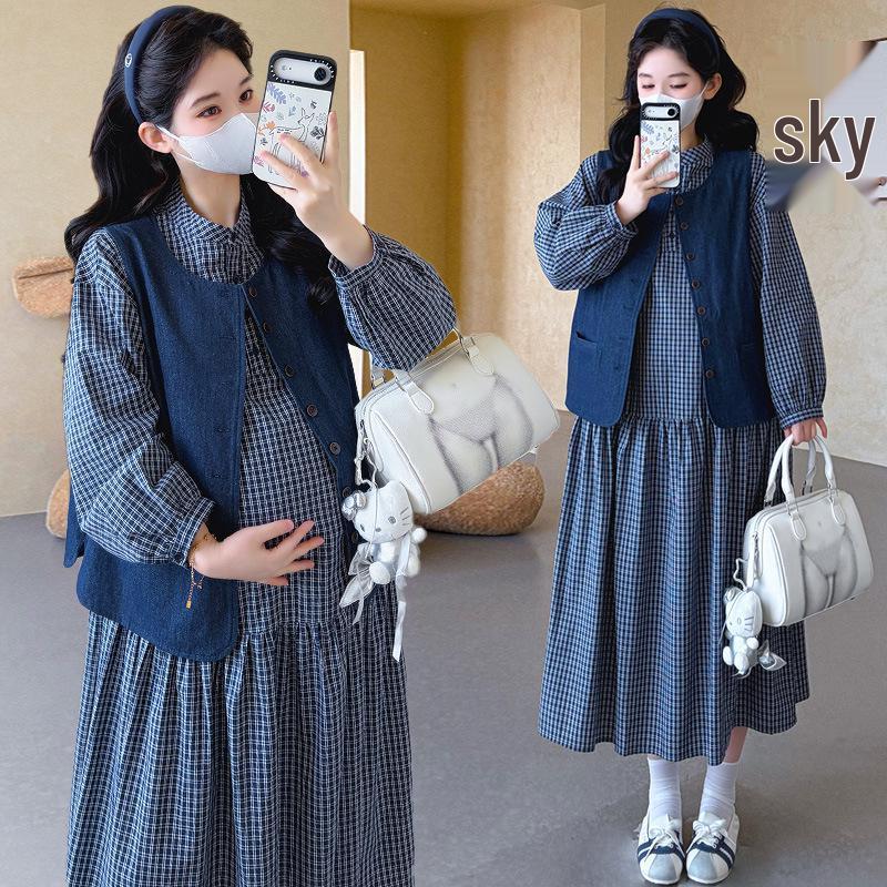2026 Spring Plaid Maternity Tea Break French Long Dress with Denim Vest Set 2X Large