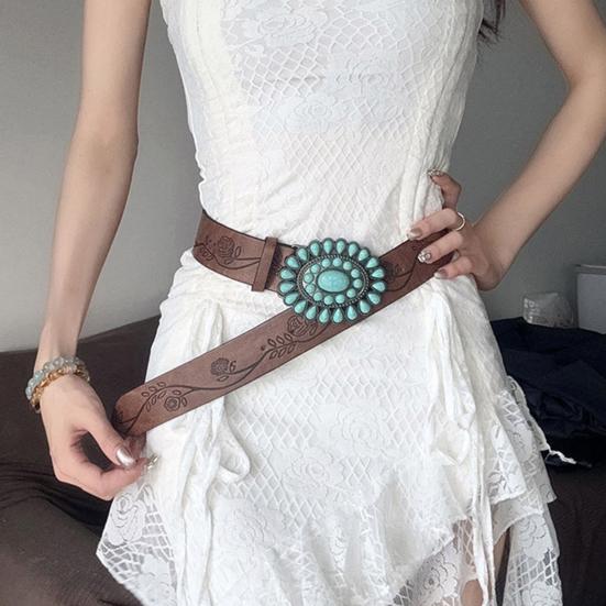 Western Belt with Retro Turquoise Buckle Retro Flower Pattern Faux Leather Women Cool Belt Outfit Accessory