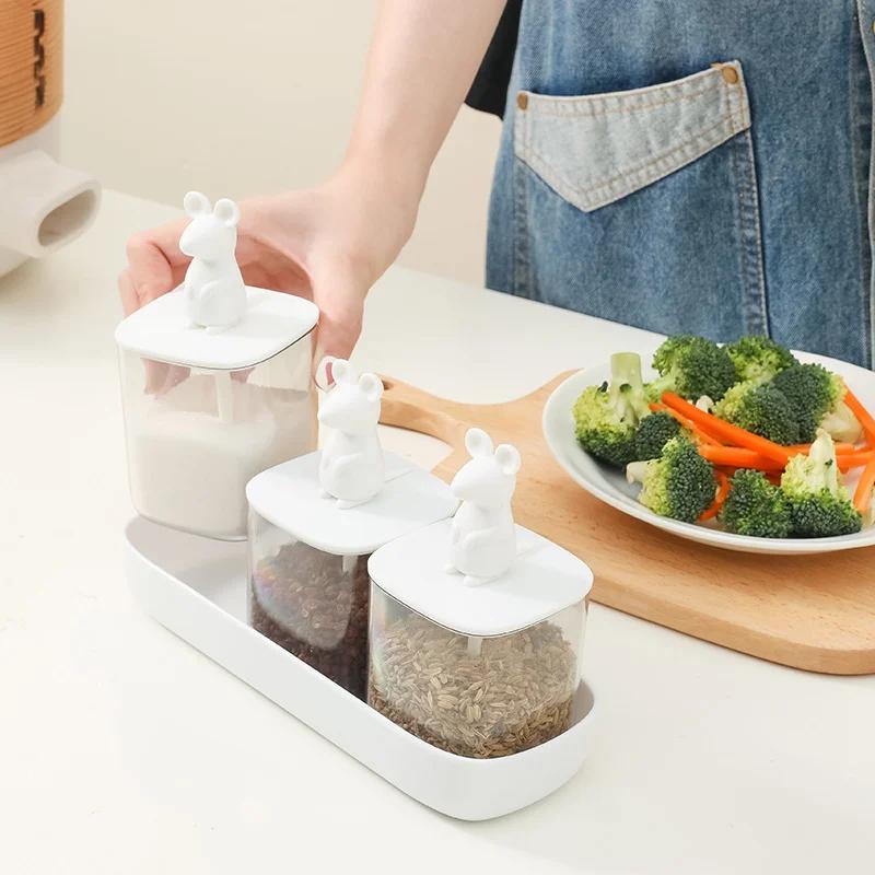 Kitchen Seasoning Jar Box Seasoning Case Sugar Bowl Cartoon Rabbit/Mouse Spoon Cover Animal Condiment Bottle Combination Set